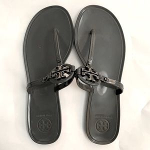 Tory Burch Gray Patent Leather Sandals with Rhinestones